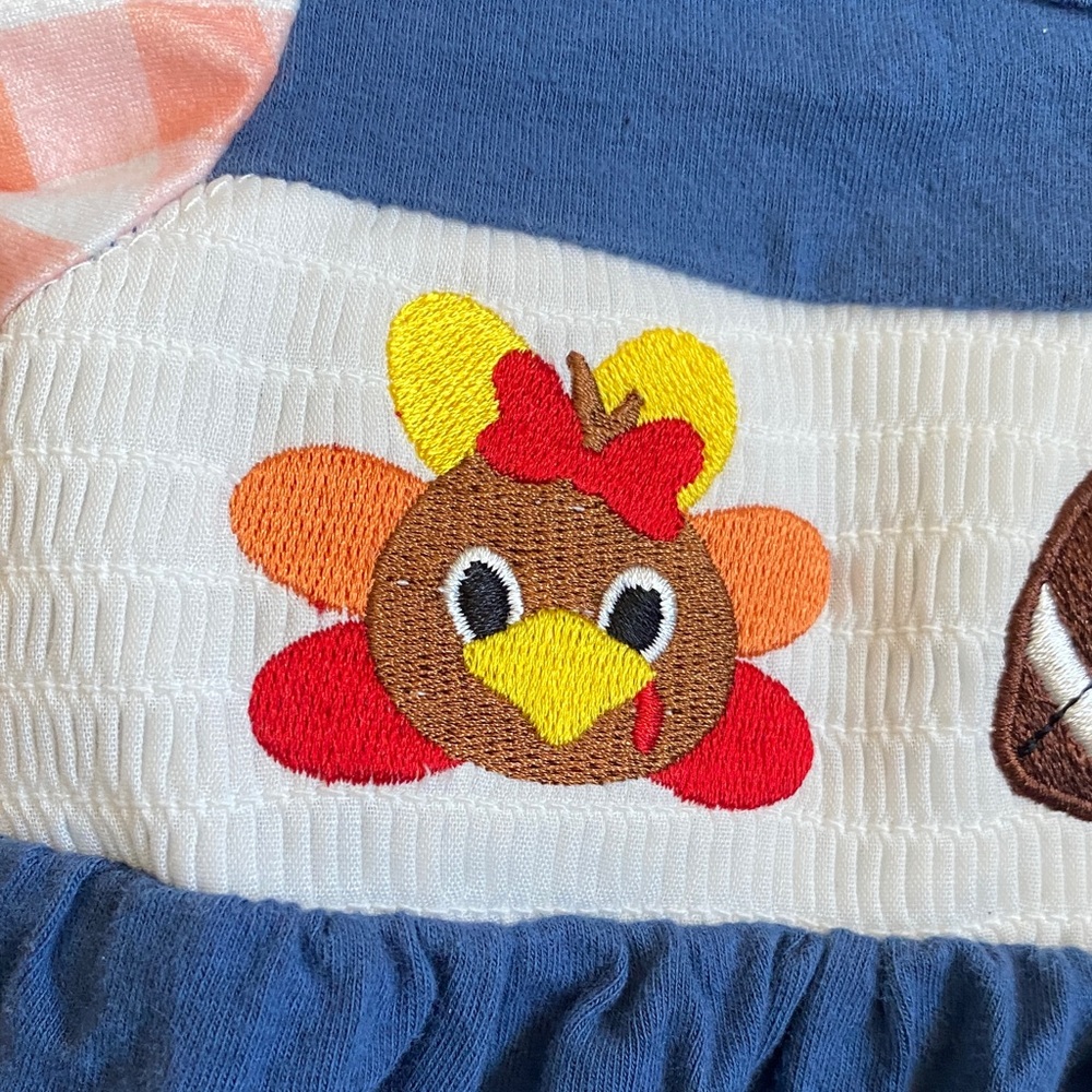 Blue with orange/white check sleeves football/turkey ruffle shirt, size 12-18 M - Picture 12 of 12